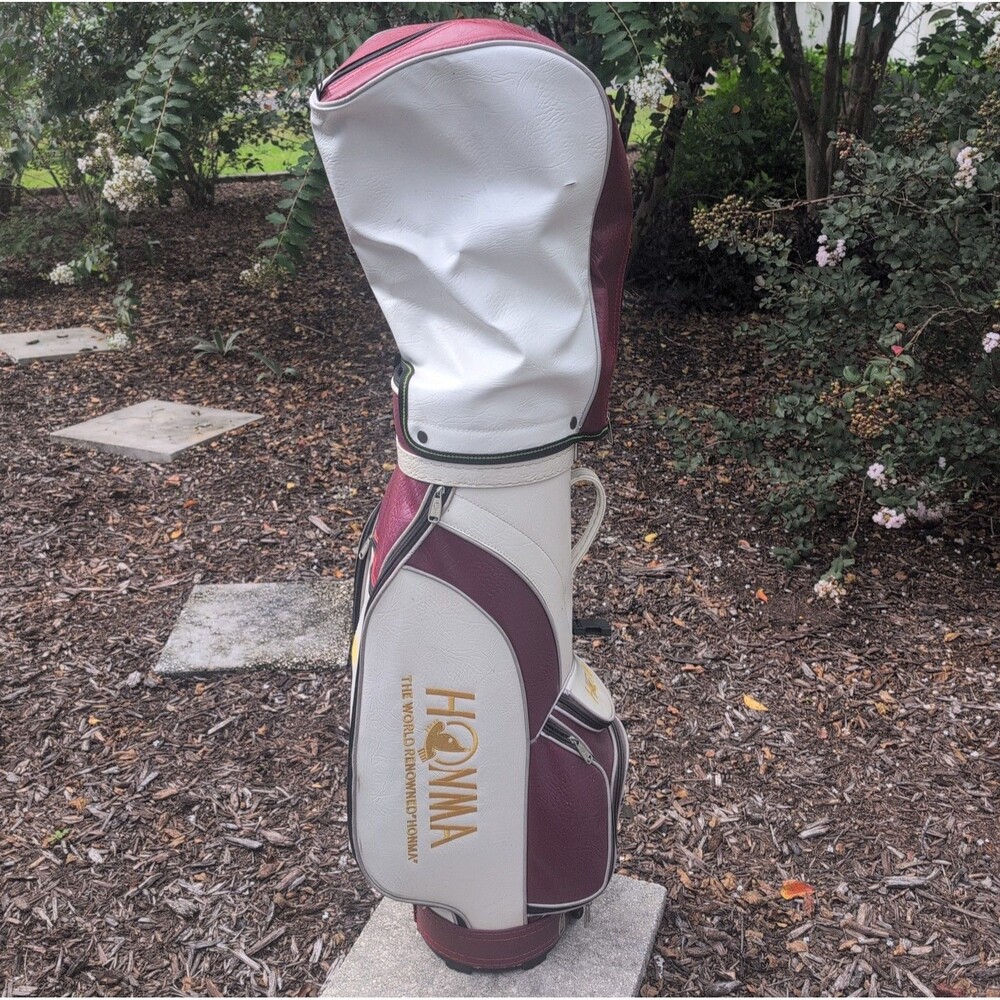 Vintage Honma Golf Bag Leather White & Maroon 6 Way Stand Cart